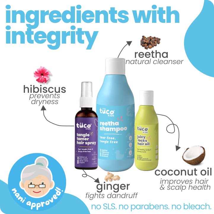 Thin Hair Regimen: Reetha Shampoo + Hair Oil + Tangle Tamer Spray — before and after results | Tuco Kids