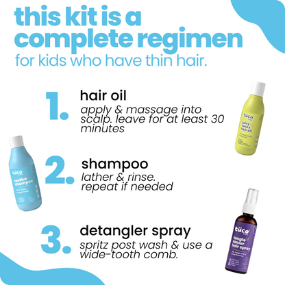 Thin Hair Regimen: Reetha Shampoo + Hair Oil + Tangle Tamer Spray — how to use | Tuco Kids