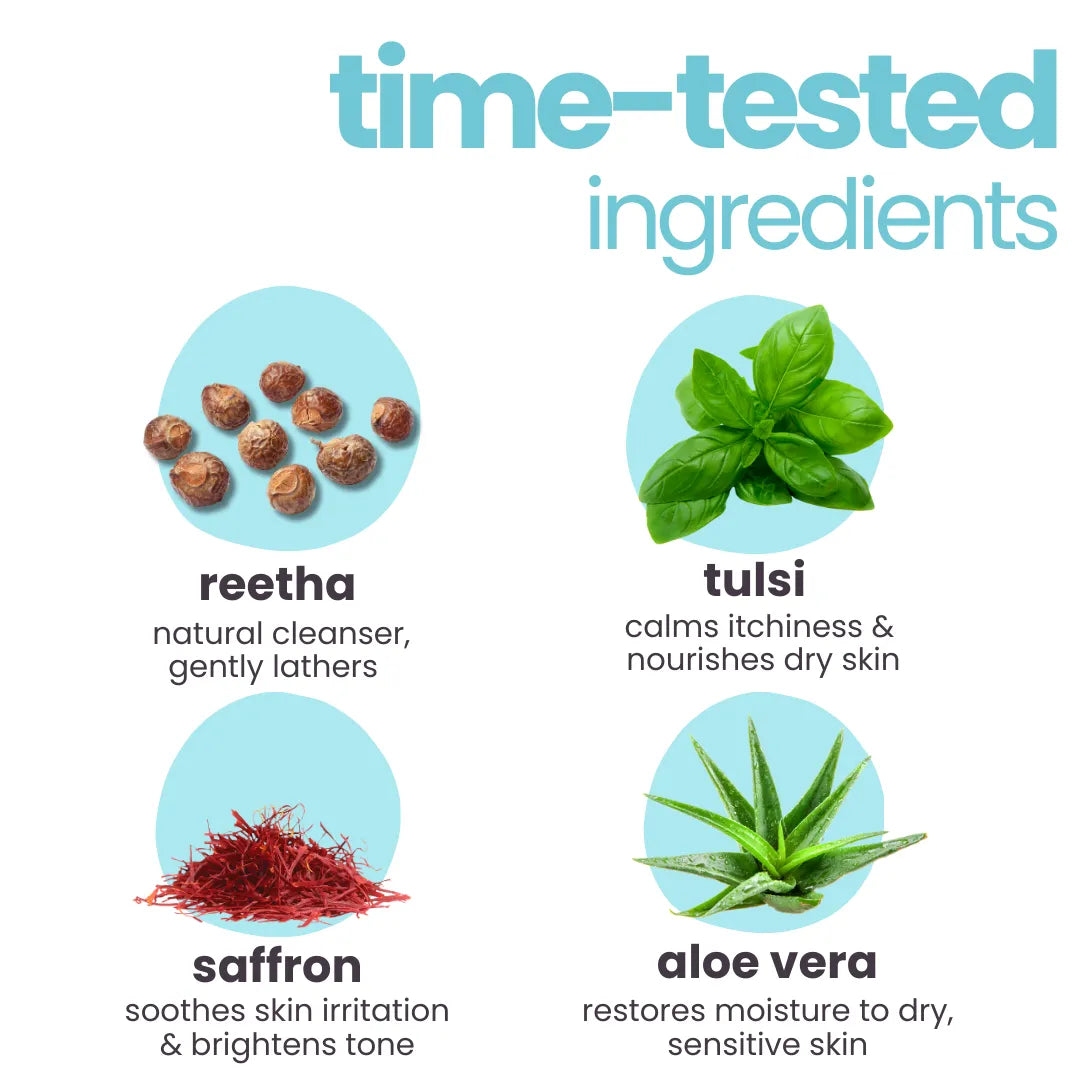 Time-tested ingredients in Tuco Kids Aqua Fresh Kit - reetha, tulsi, saffron and aloe vera for kids sensitive skin