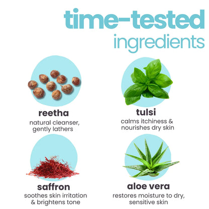 Time-tested ingredients in Tuco Kids Aqua Fresh Kit - reetha, tulsi, saffron and aloe vera for kids sensitive skin
