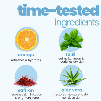 Time-tested ingredients in Tuco Kids boys pack - orange, tulsi, saffron and aloe vera for kids skin