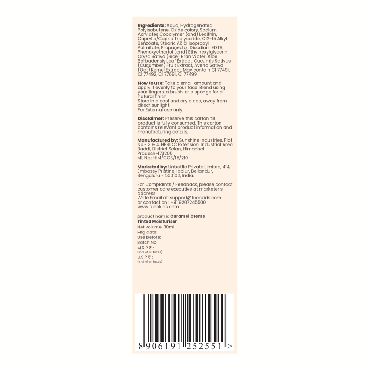 Tinted Moisturiser - Caramel Creme — back of pack, ingredients & product details | Tuco Kids