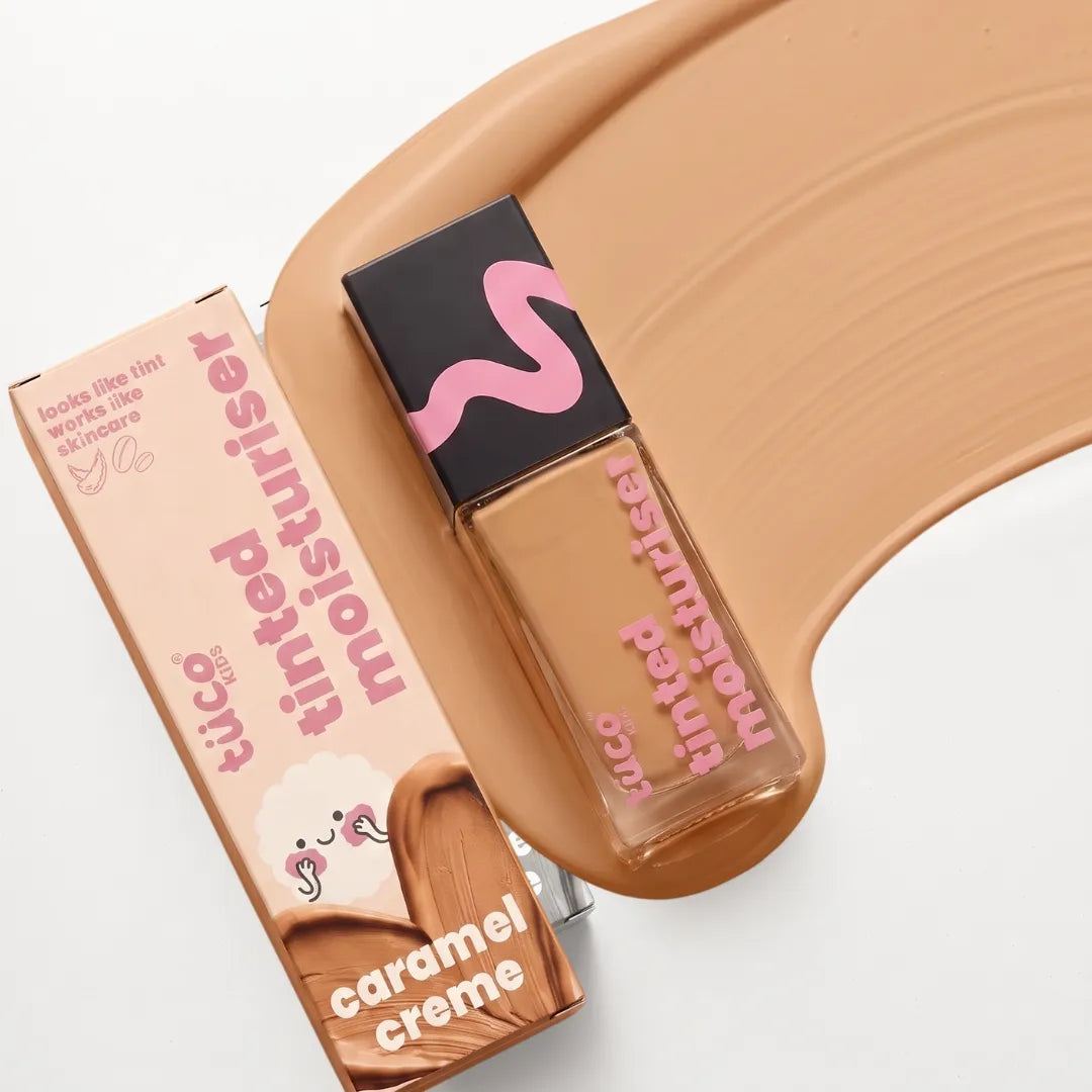 Tinted Moisturiser - Caramel Creme — box and bottle with swatch | Tuco Kids