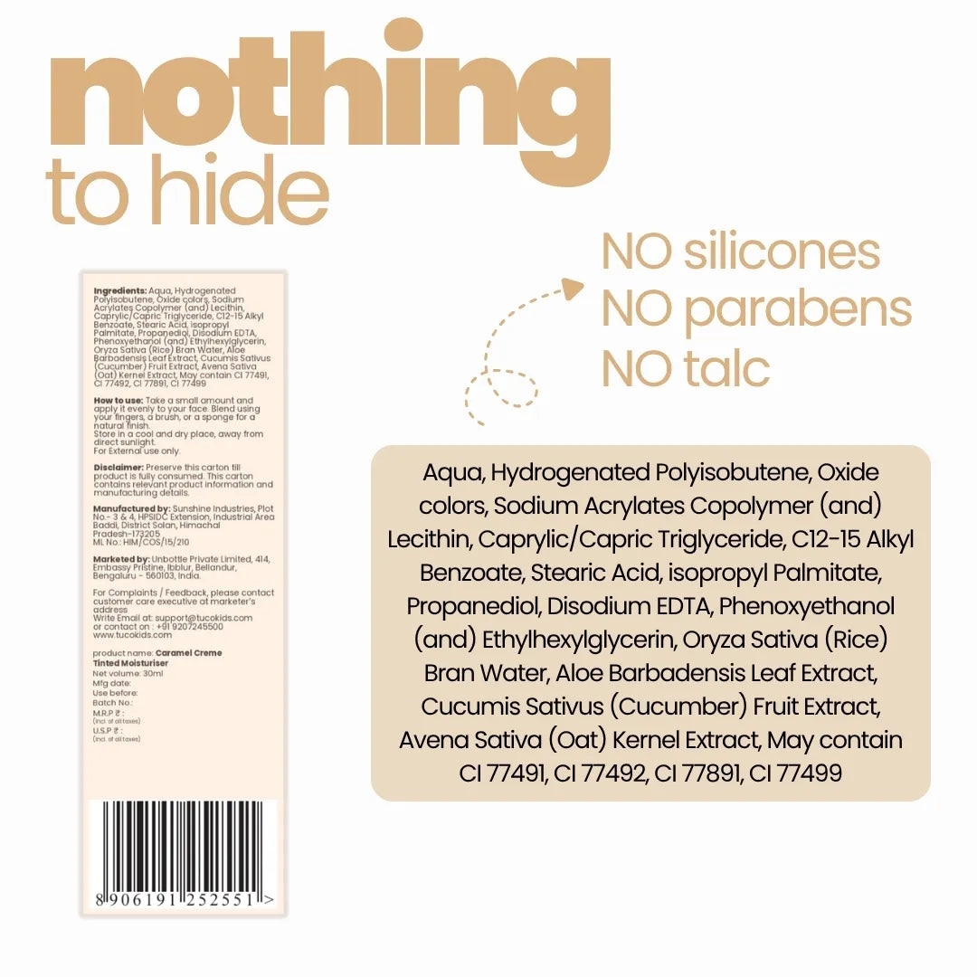 Tinted Moisturiser - Caramel Creme — ingredients and nothing to hide label | Tuco Kids