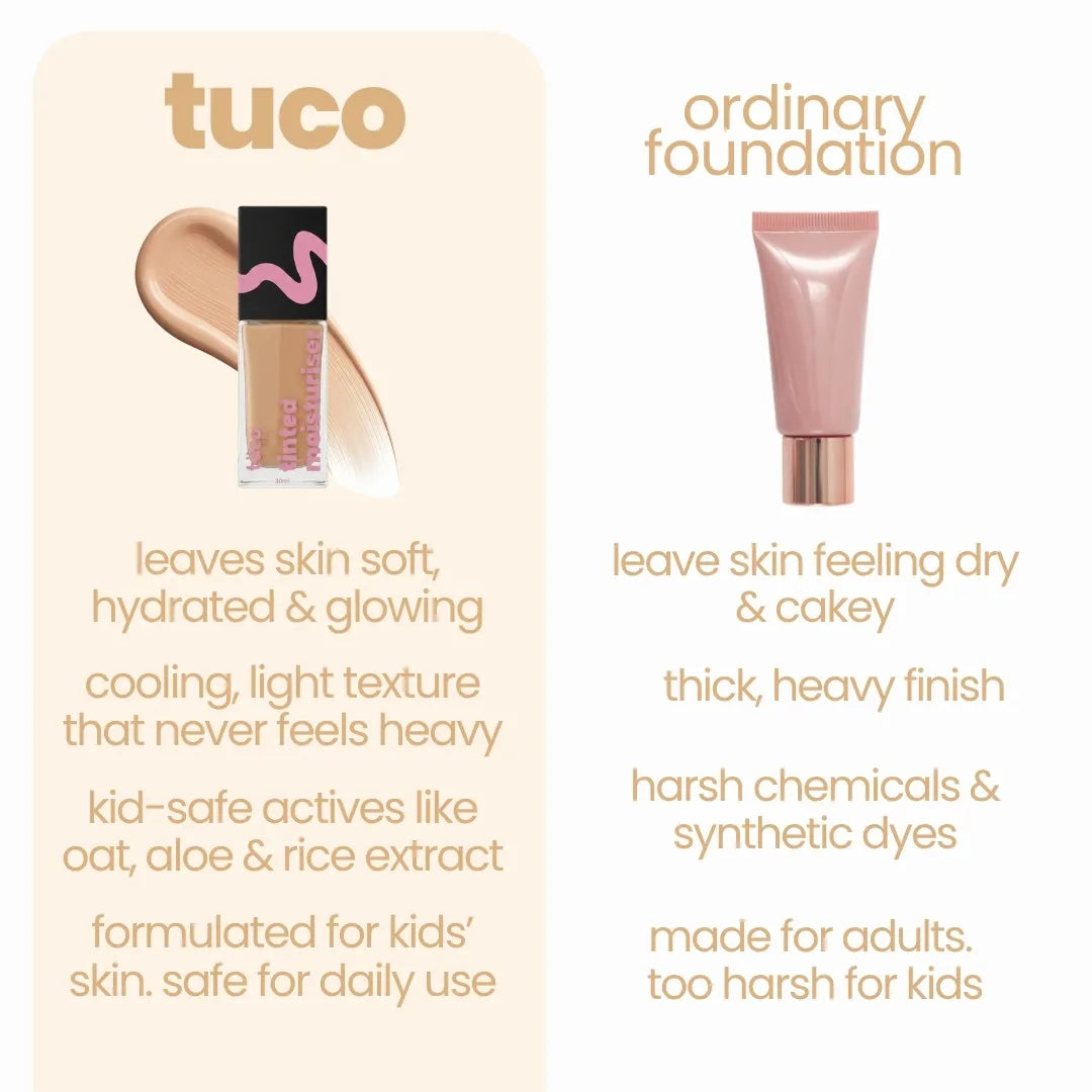 Tinted Moisturiser - Caramel Creme — comparison vs ordinary foundation | Tuco Kids