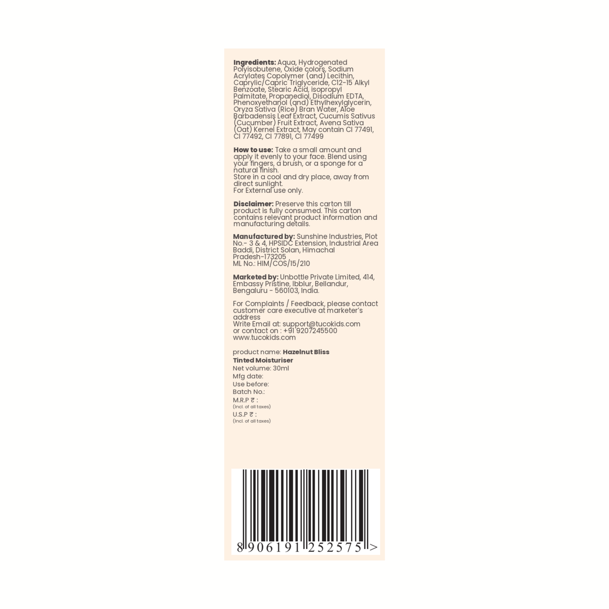 Tinted Moisturiser - Hazelnut Bliss — back of pack, ingredients & product details | Tuco Kids