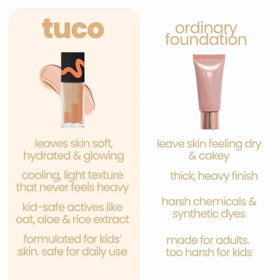 Tinted Moisturiser - Hazelnut Bliss — comparison vs ordinary foundation | Tuco Kids