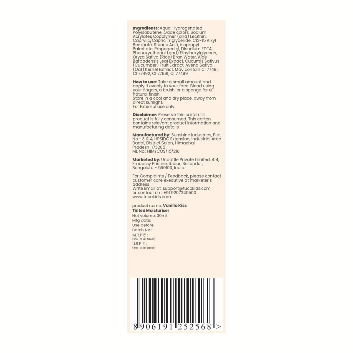 Tinted Moisturiser - Vanilla Kiss — back of pack, ingredients & product details | Tuco Kids