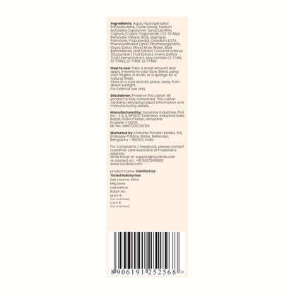 Tinted Moisturiser - Vanilla Kiss — back of pack, ingredients & product details | Tuco Kids