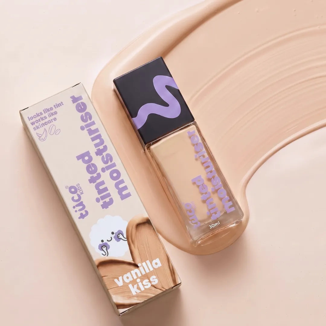 Tinted Moisturiser - Vanilla Kiss — box and bottle with swatch | Tuco Kids