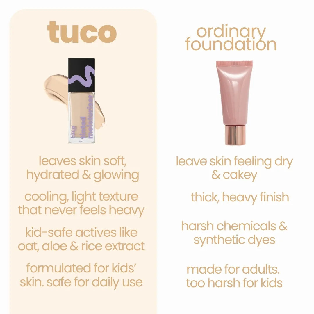 Tinted Moisturiser - Vanilla Kiss — comparison vs ordinary foundation | Tuco Kids