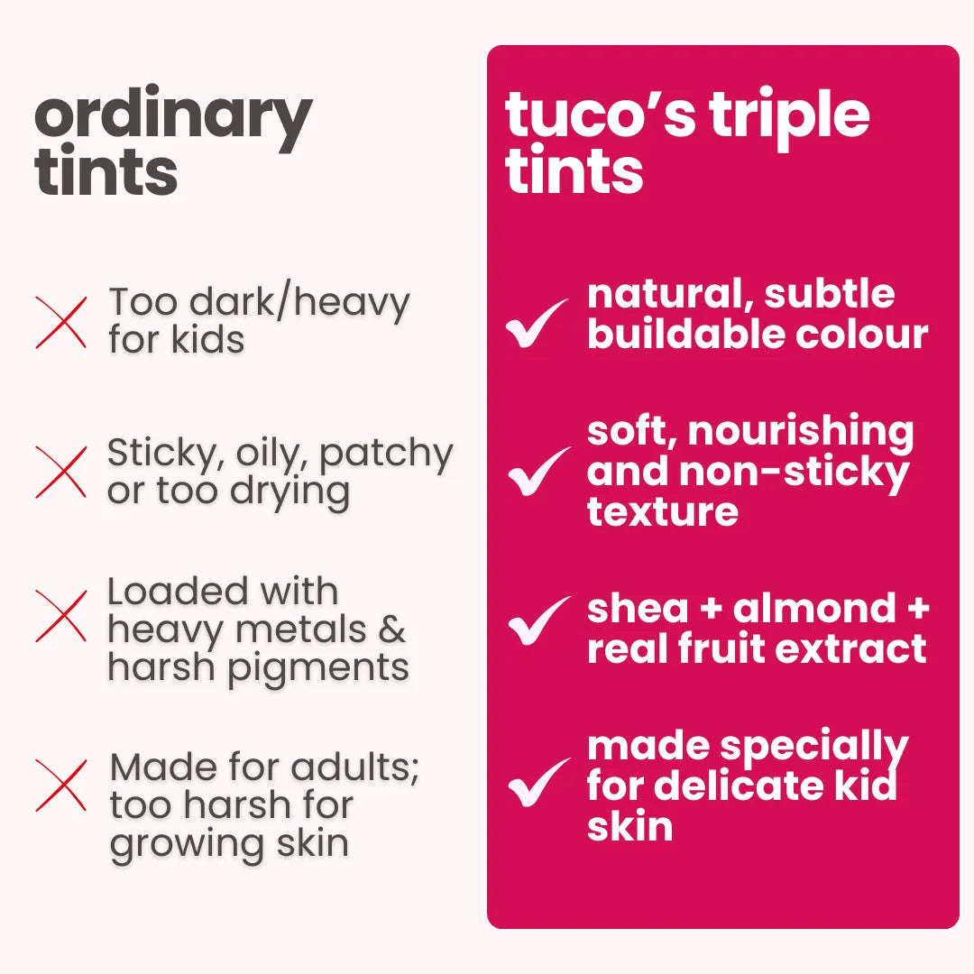 Tuco Kids Triple Tints vs ordinary tints - natural subtle buildable colour, soft nourishing non-sticky texture with shea almond and real fruit extract for delicate kid skin