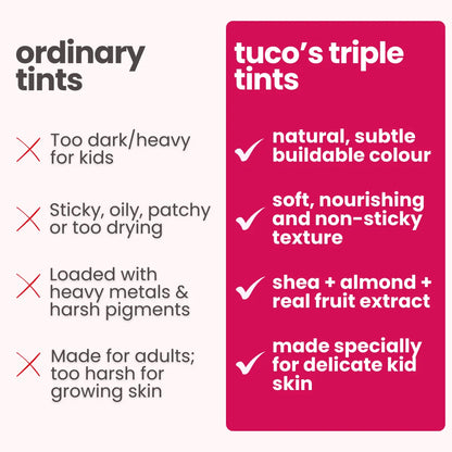 Tuco Kids Triple Tints vs ordinary tints - natural subtle buildable colour, soft nourishing non-sticky texture with shea almond and real fruit extract for delicate kid skin