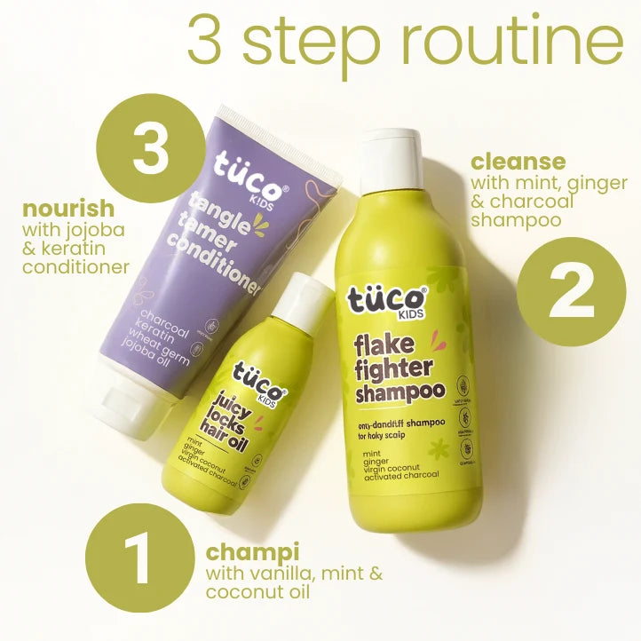 Champi with oil, cleanse with shampoo, nourish with conditioner - safe and effective for daily use by kids. 