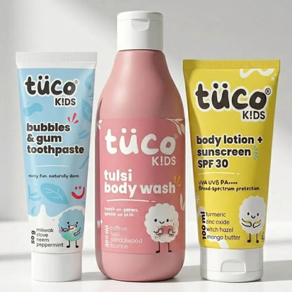Tuco Kids 3-in-1 morning routine kit — Bubbles and Gum Toothpaste, Tulsi Body Wash, and Body Lotion with Sunscreen SPF 30 for children