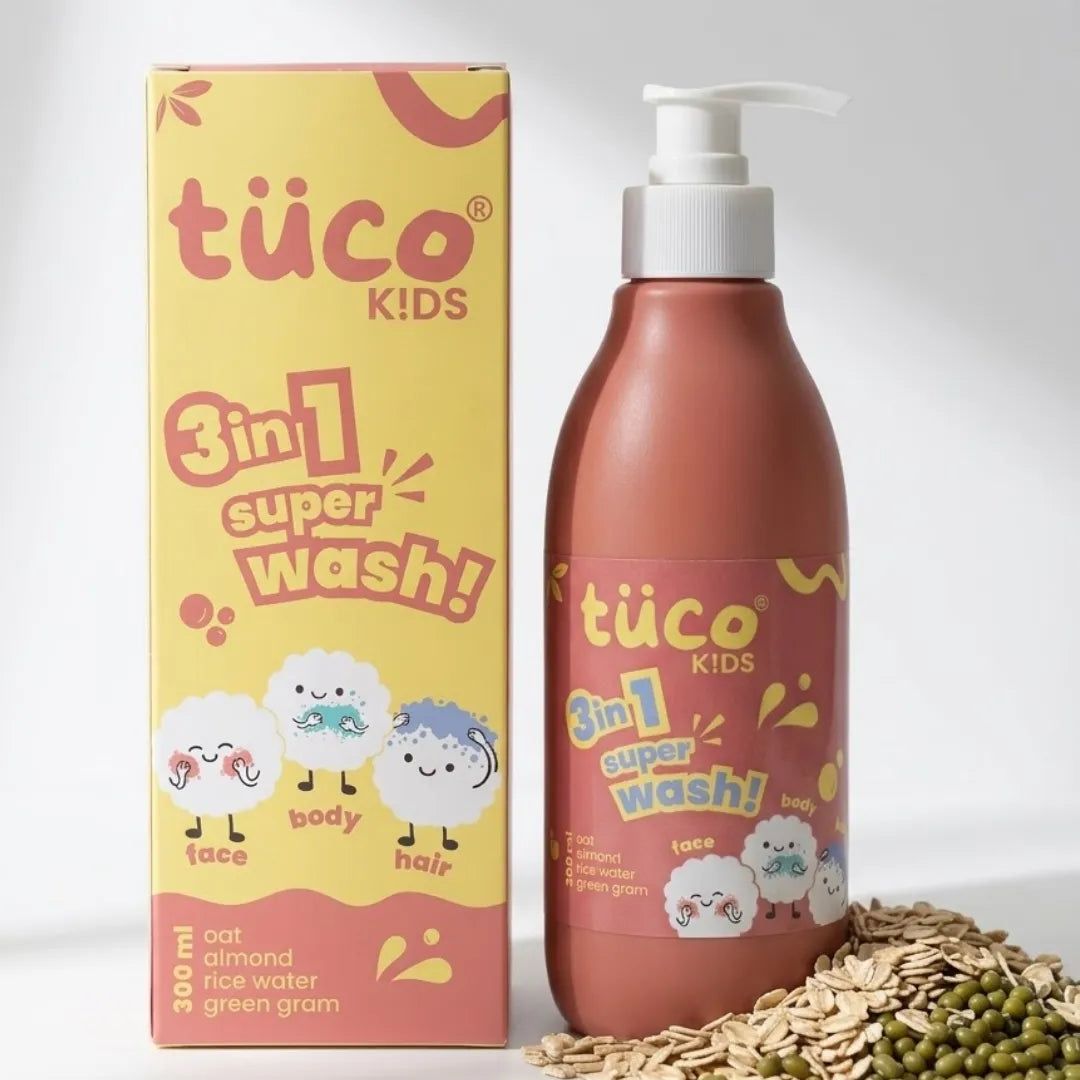 Tuco Kids 3-in-1 Super Wash – oat extract, rice water and almond oil to cleanse hair, face and body in one step