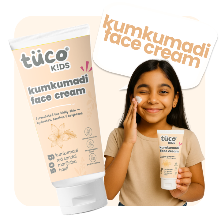 Tuco Kids Kumkumadi Face Cream with Saffron, Red Sandalwood & Turmeric to brighten dull skin, fade white spots, and even out skin tone – safe daily skincare for kids aged 3–15.






