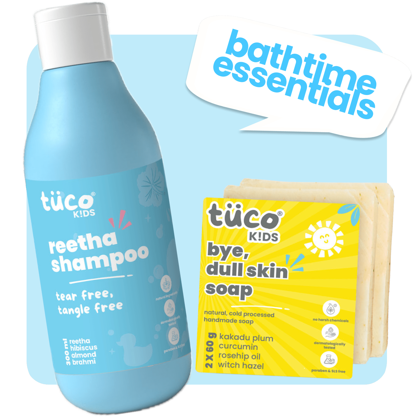 Bathtime Essentials Kit - Dull Skin Handmade Soap (Pack of 2) + Shampoo 300ml - Tuco Kids