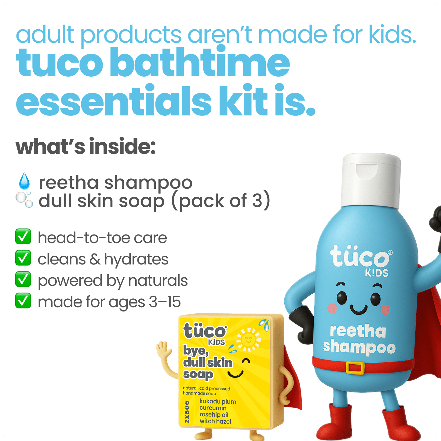 Bathtime Essentials Kit - Dull Skin Handmade Soap (Pack of 2) + Shampoo 300ml - Tuco Kids
