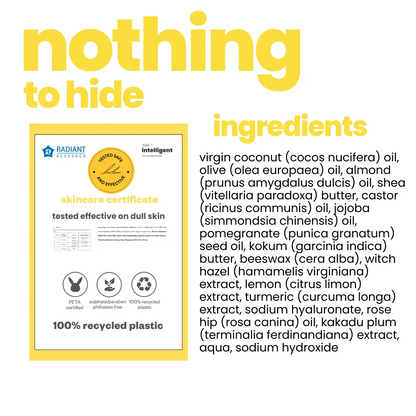 Product label with ingredients list and certification on a white background