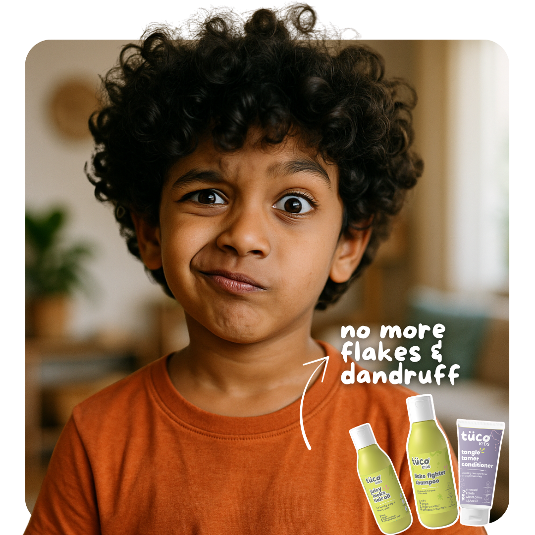 Safe and natural hair routine for kids with coconut & mint hair oil, mint & ginger shampoo, jojoba & charcoal shampoo - fights dandruff and nourishes kids' scalps. 
