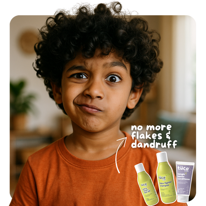 Safe and natural hair routine for kids with coconut & mint hair oil, mint & ginger shampoo, jojoba & charcoal shampoo - fights dandruff and nourishes kids' scalps. 