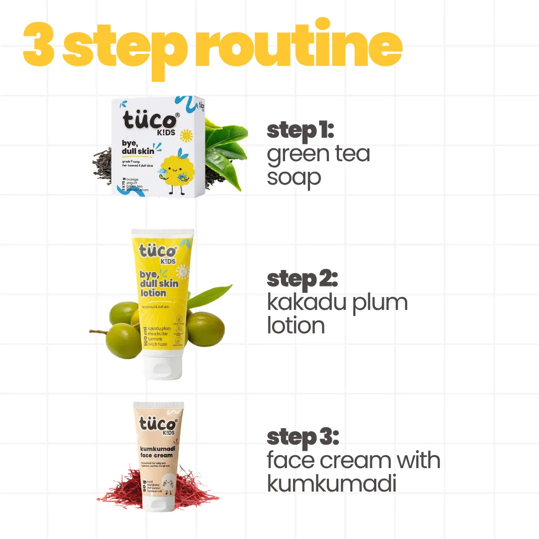 3-step de-tan routine for kids — Step 1 green tea soap, Step 2 kakadu plum lotion, Step 3 Kumkumadi face cream for brighter skin