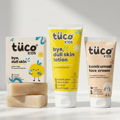 Tuco Kids Detan Kit — Bye Dull Skin Soap with orange yogurt green tea and kakadu plum, Bye Dull Skin Lotion, and Kumkumadi Face Cream for children