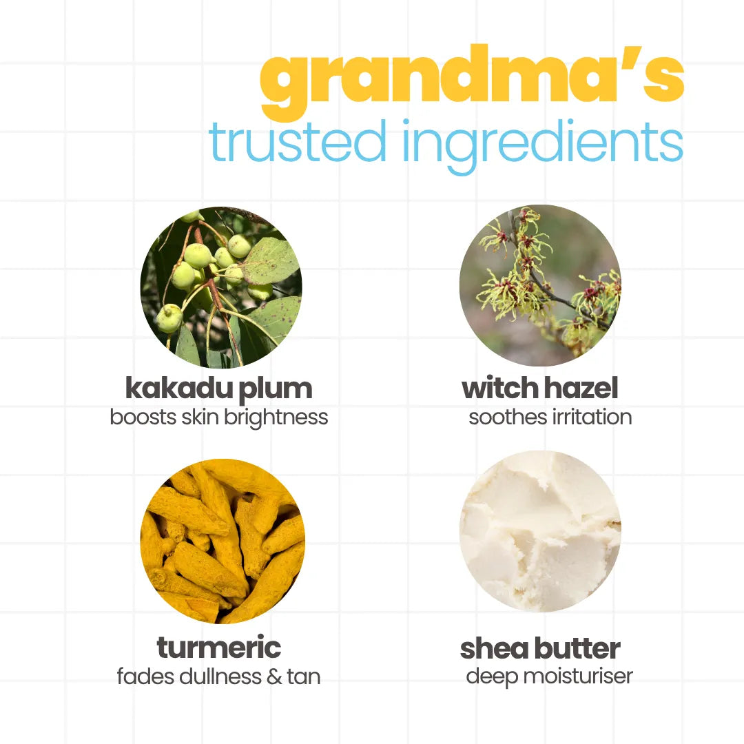 Natural de-tan ingredients in Tuco Kids kit — kakadu plum boosts brightness, witch hazel soothes irritation, turmeric fades dullness and tan, shea butter moisturises