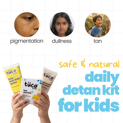 Tuco Kids safe and natural daily detan kit for kids — treats pigmentation, skin dullness and sun tan in children aged 3 to 15