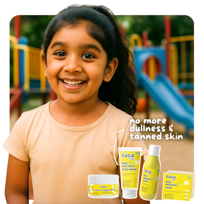 Dull Skin Regimen for Kids with natural sunscreen + face cream, face wash, lotion and soap. 