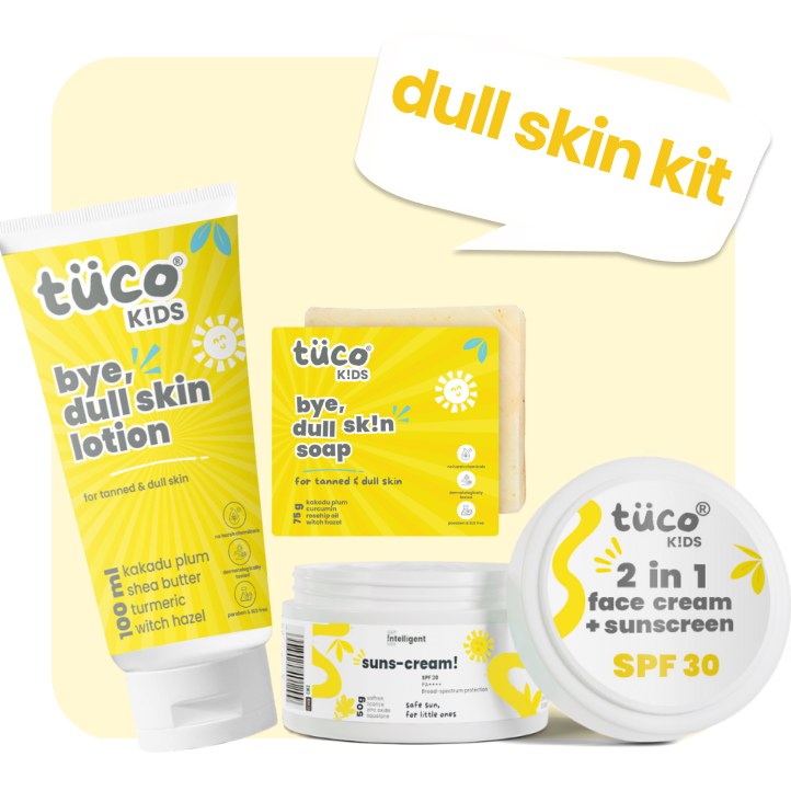 Tuco Kids Dull Skin Kit with soap, lotion, and face cream for kids aged 3–15, made with Kakadu Plum and Turmeric to brighten dull skin, even tone, and deeply hydrate without harsh chemicals.