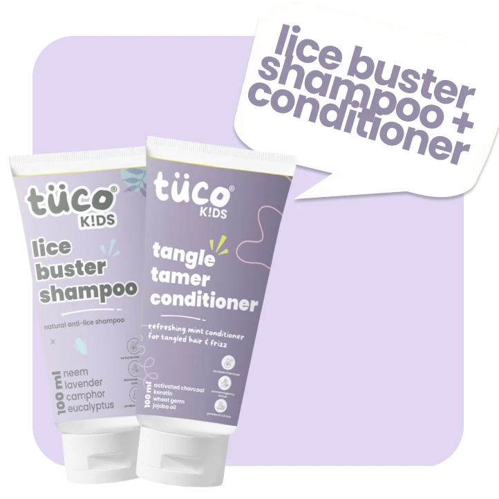 The Tuco Kids Lice Buster Shampoo & Tangle Tamer Conditioner gently fight lice, nits, and scalp irritation while nourishing and strengthening young scalps and strands, with the power of Neem, Camphor, Tea Tree, Coconut Oil, Keratin, and more natural actives.