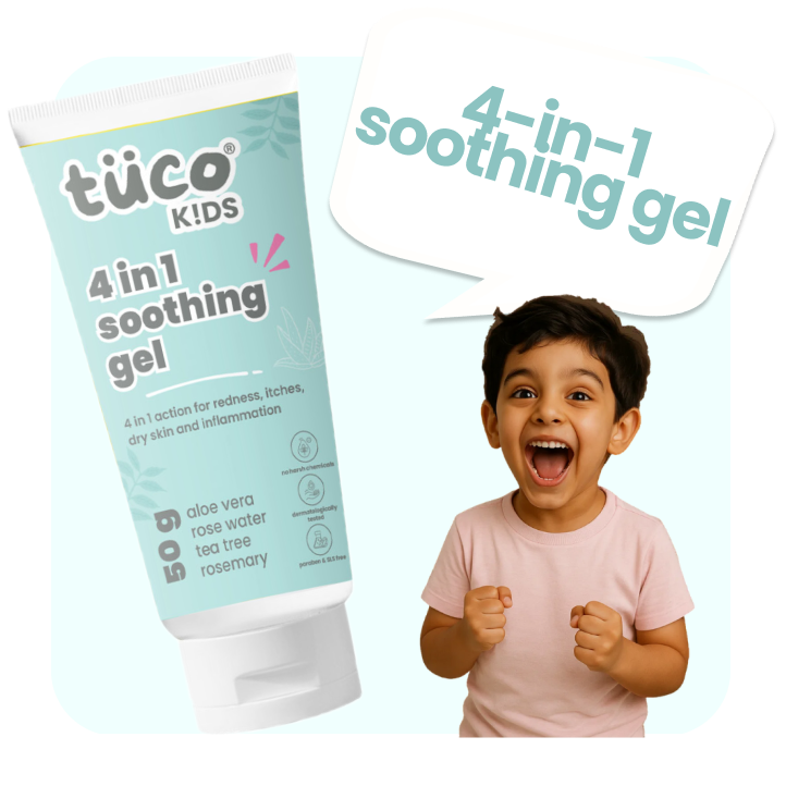 Tuco Kids Magic Gel – a 4-in-1 multipurpose soothing gel for children with Aloe Vera, Tea Tree, and Rosemary Oil. Ideal for dry skin, cuts, bruises, and insect bites.
