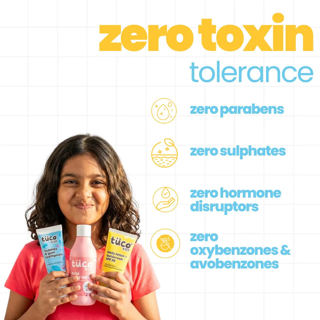 Tuco Kids morning routine kit — zero parabens, zero sulphates, zero hormone disruptors, zero oxybenzones — safe toxin-free products for children aged 3 to 15