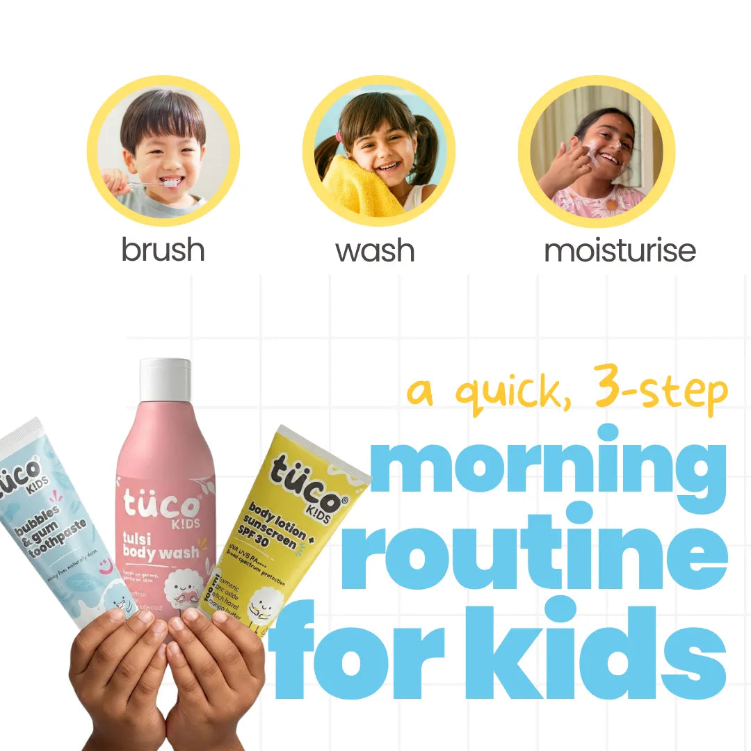 3-step morning skincare routine for kids — brush, wash and moisturise with Tuco Kids products for children aged 3 to 15