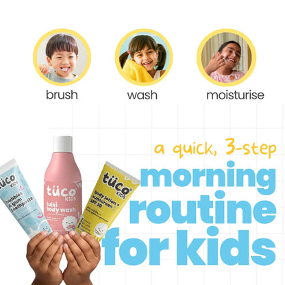 3-step morning skincare routine for kids — brush, wash and moisturise with Tuco Kids products for children aged 3 to 15