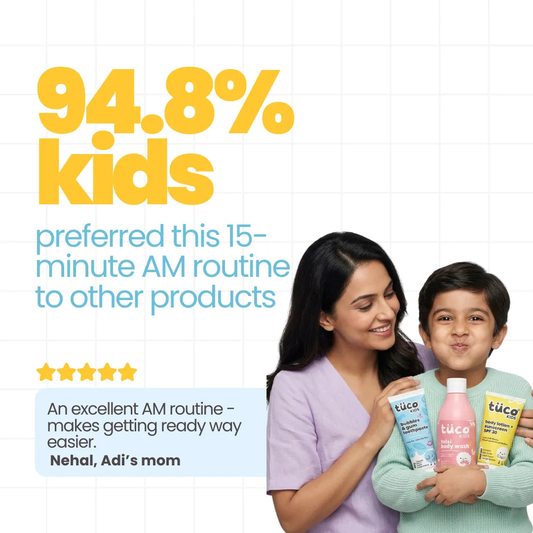 94.8 percent of kids preferred the Tuco Kids 15-minute morning routine — 5-star parent review, sulphate-free toothpaste body wash and sunscreen for children