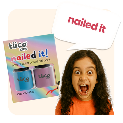 Tuco Kids Nailed It Pack of 2 – child-safe, peel-off nail paints made with Glycerin and Xanthan Gum, designed for fun, non-toxic play and easy removal.

