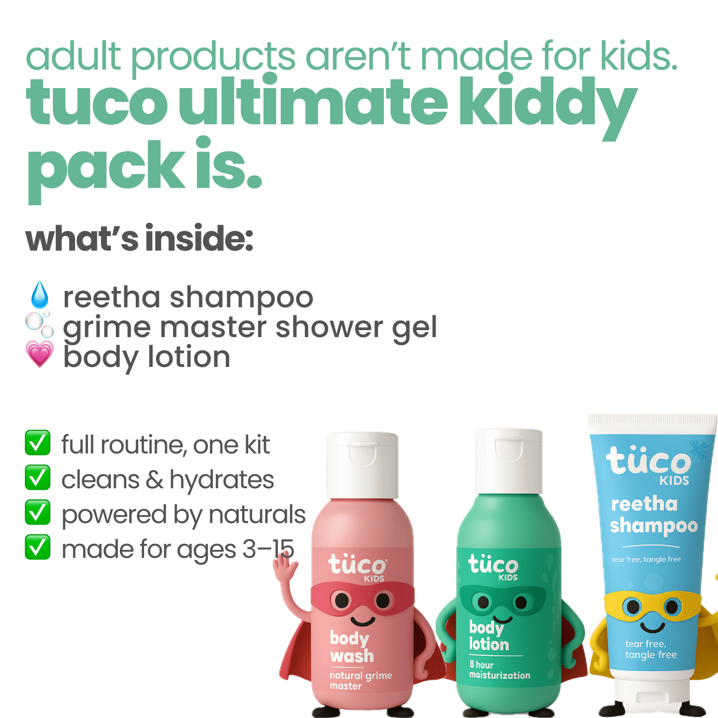 Natural Bath Kit for Kids - Shower Gel + Body Lotion + Shampoo - Tuco Kids