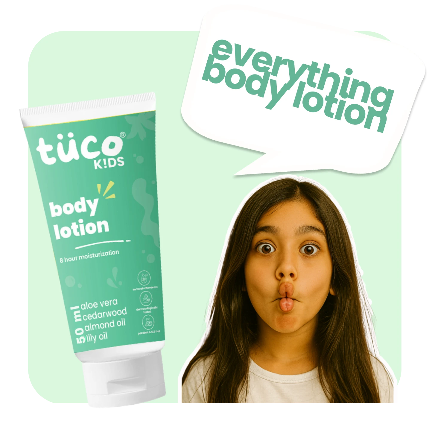 Tuco Kids Body Lotion, enriched with Aloe Vera, Almond Oil, Lily Oil, and Cedarwood Extract to gently nourish and deeply hydrate childrens' skin for all-weather care. 