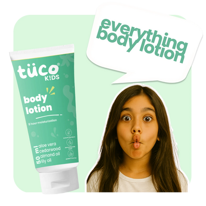 Tuco Kids Body Lotion, enriched with Aloe Vera, Almond Oil, Lily Oil, and Cedarwood Extract to gently nourish and deeply hydrate childrens' skin for all-weather care. 