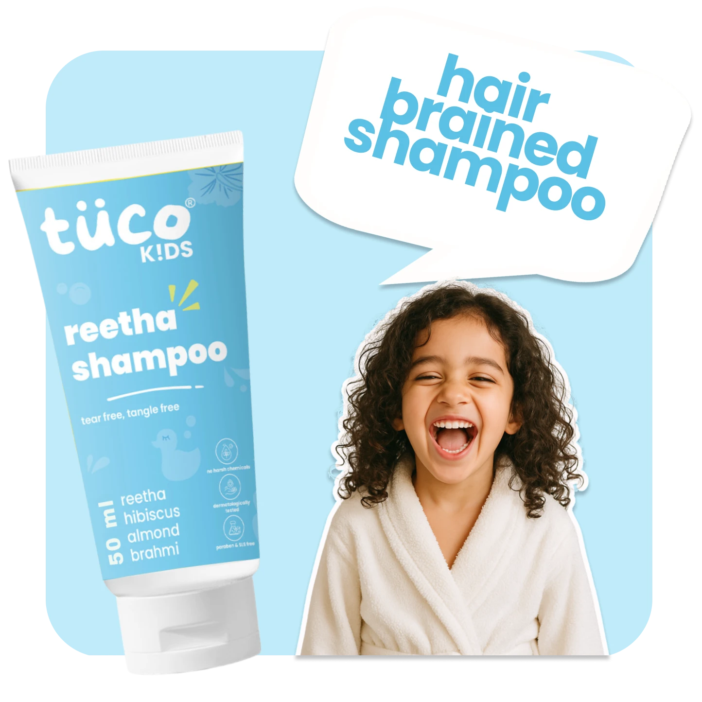 Tuco Kids Reetha Shampoo, enriched with the goodness of soap nut, hibiscus, amla, and almond oil to detangle, strengthen, and cleanse delicate, growing scalps and strands.