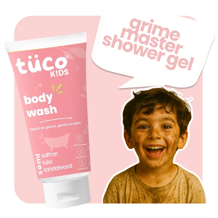 Tuco Kids Natural Shower Gel, enriched with saffron, tulsi, sandalwood and coconut oil, to gently nourish and cleanse kids' growing skin.