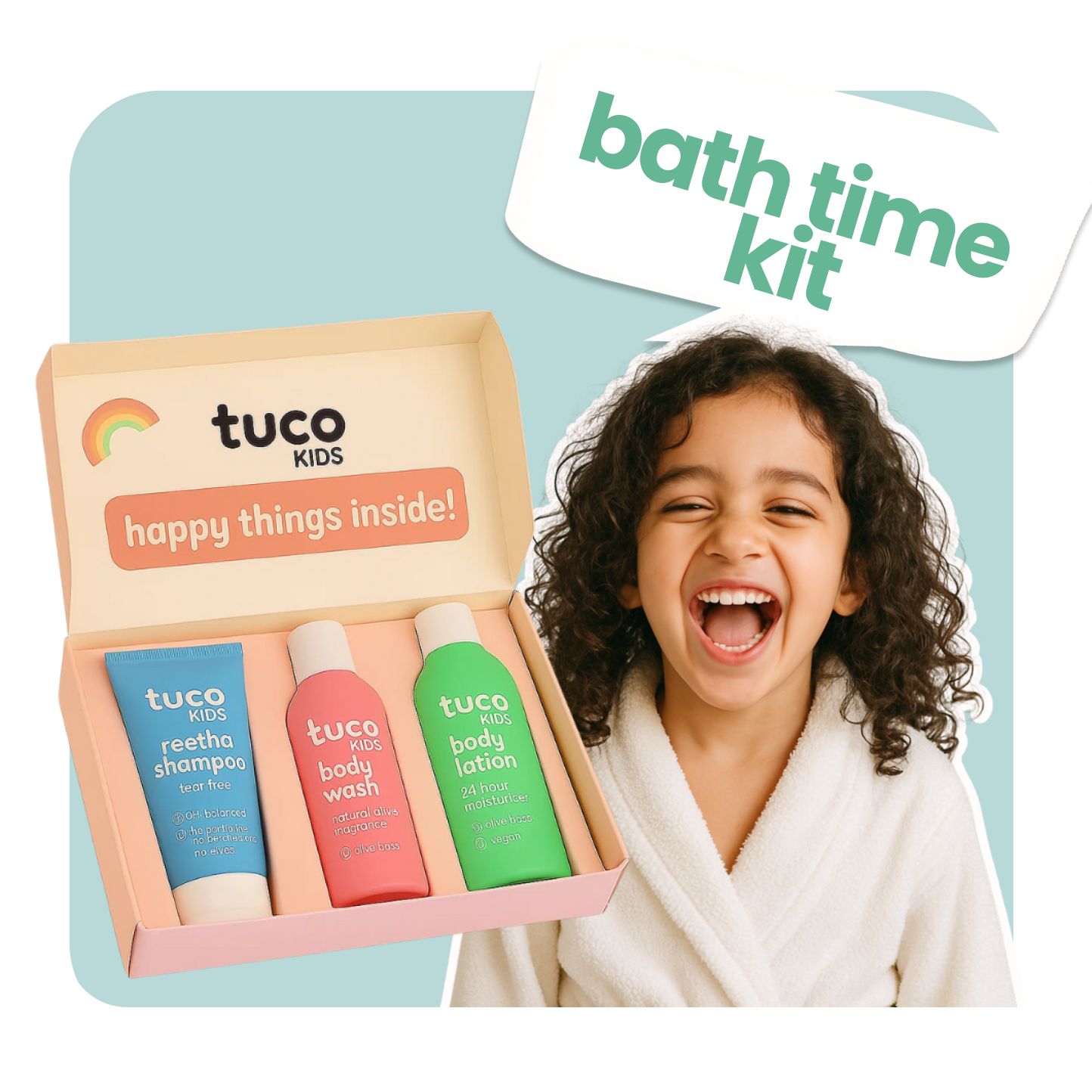 Tuco Kids Natural Bath Kit – a gentle 3-step routine with shampoo, shower gel, and body lotion for children, made with safe and natural ingredients to cleanse, hydrate, and nourish sensitive skin.