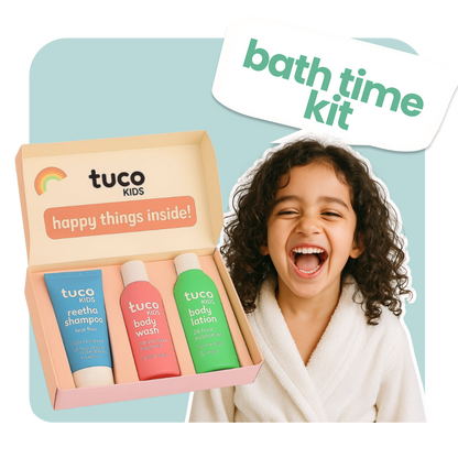 Tuco Kids Natural Bath Kit – a gentle 3-step routine with shampoo, shower gel, and body lotion for children, made with safe and natural ingredients to cleanse, hydrate, and nourish sensitive skin.