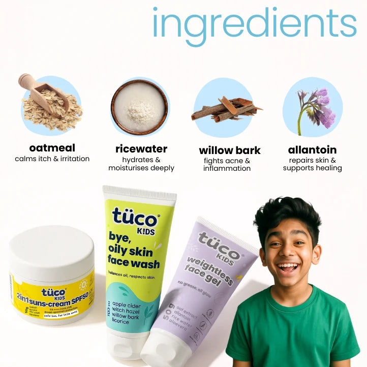 Enriched with Oats, Rice Water, Saffron, Witch Hazel, Willow Bark, Allantoin - safe for kids' skin, perfect for daily use. 