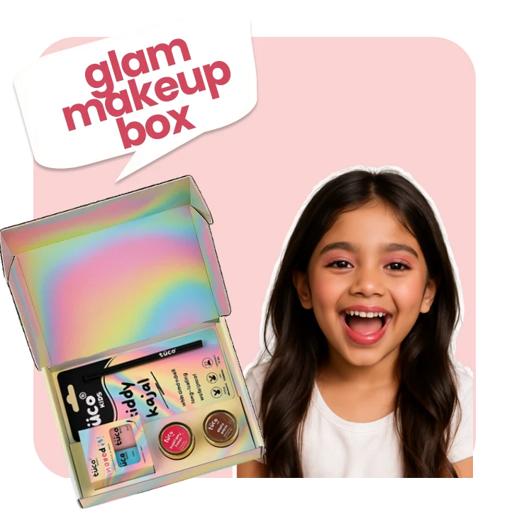 Tuco Kids Glam Makeup Box – a safe and fun makeup set for children with 2 natural lip & cheek tints, peel-off nail paints, and non-toxic kajal, designed for playful expression without harmful chemicals.

