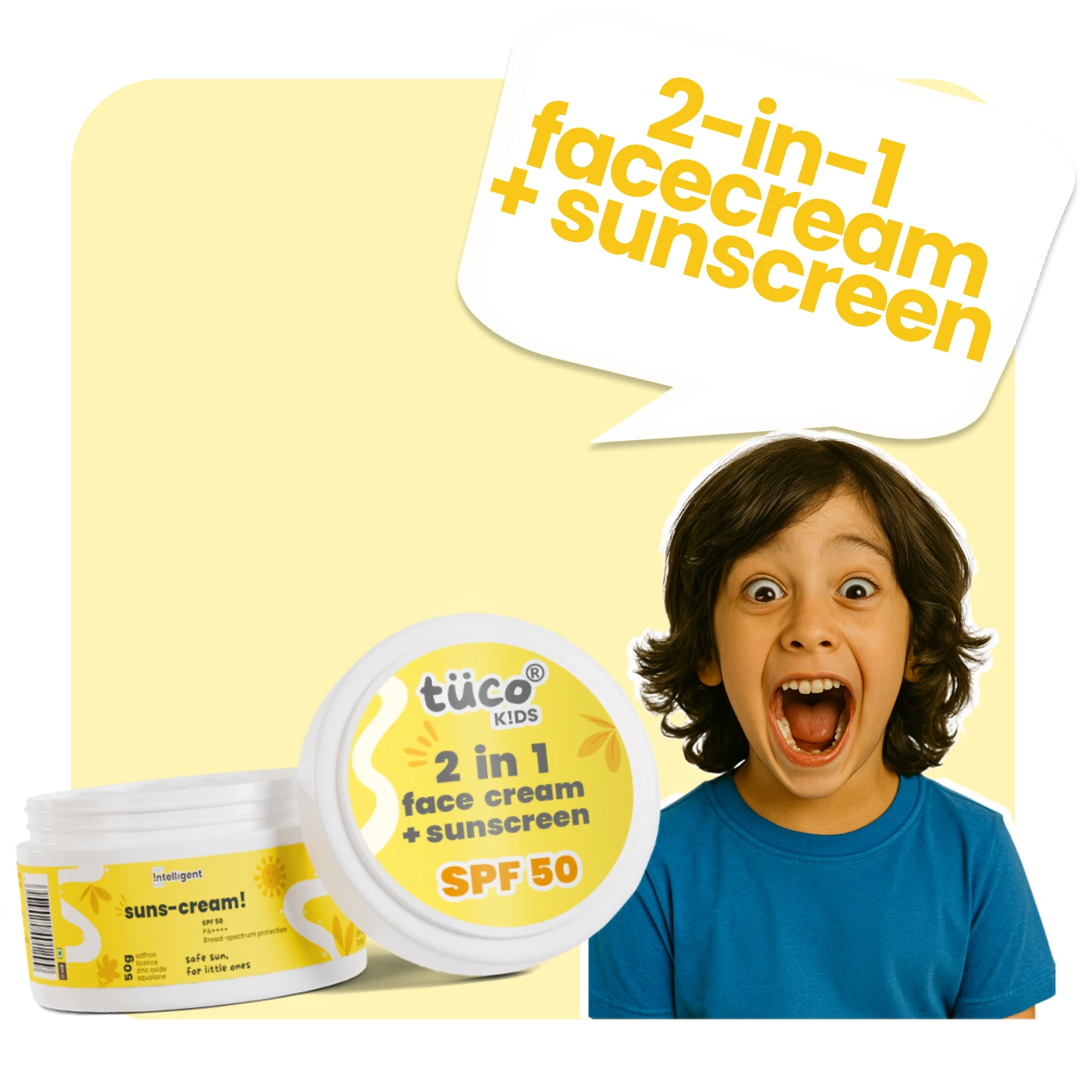 Tuco Kids Sunscreen + Face Cream SPF 50 with Saffron and Turmeric – daily sun protection and hydration for kids’ delicate skin

