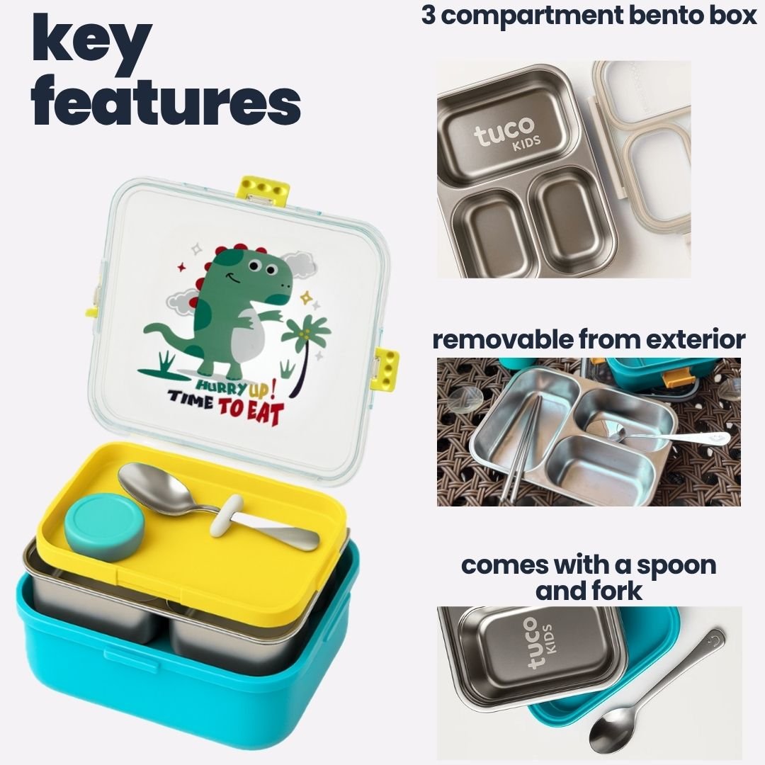 Tuco Kids 3 Compartment Stainless Steel Bento Lunch Box - Tuco Kids